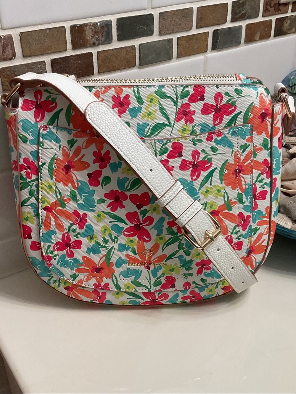 Nanette Lepore White Floral Crossbody with Coral, Teal & Lime Accents - Picture 1 of 6